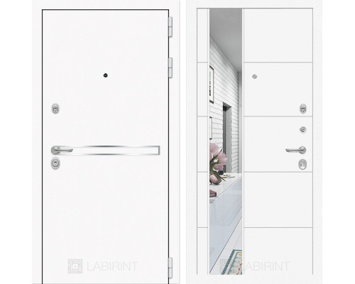 Входная металлическая дверь Лабиринт Line White 19 Зеркало (Шагрень белая / Белый софт)
